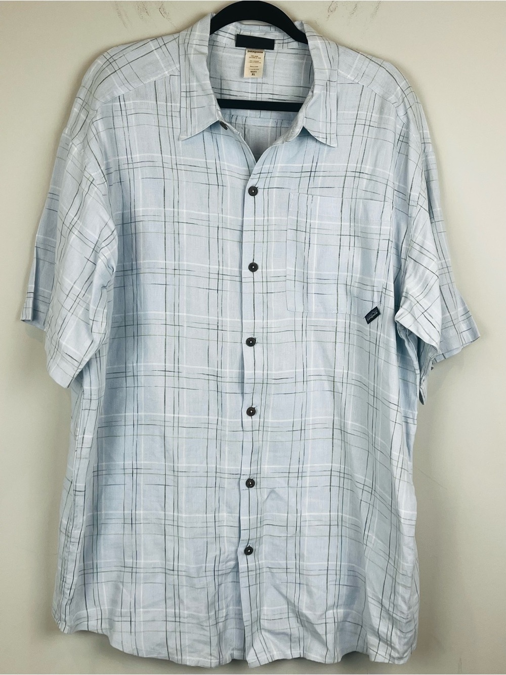 Patagonia Men's 100% Hemp Short Sleeve Windowpane Plaid Button Up Shirt XL